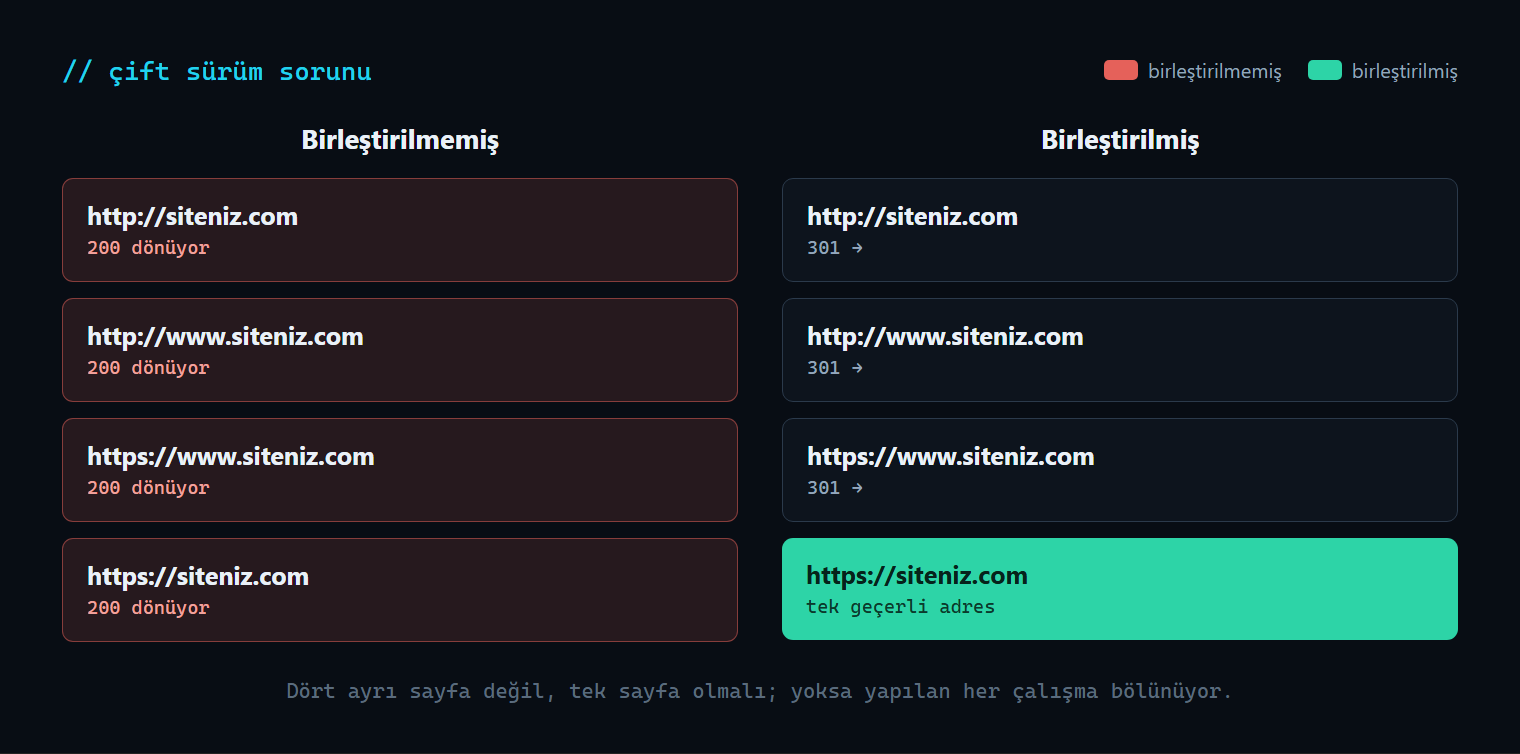 Çift sürüm sorunu: aynı içeriğin dört farklı adresten açılması ve tek adrese 301 ile birleştirilmesi