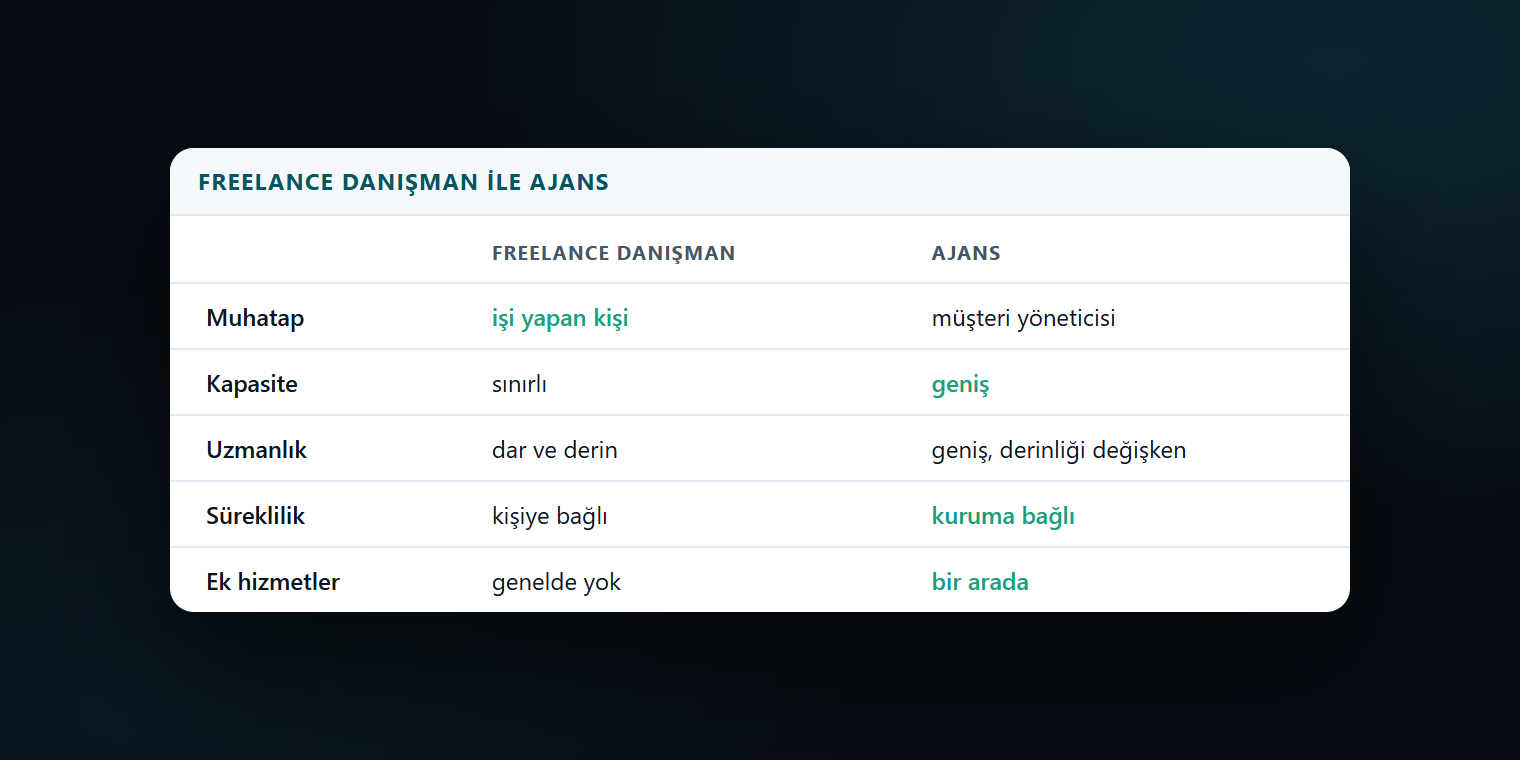 Freelance SEO danışmanı ile SEO ajansını muhatap, kapasite ve uygulama başlıklarında karşılaştıran tablo