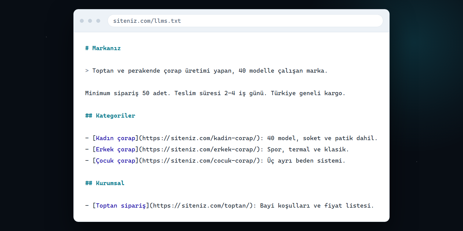 Tarayıcıda açılmış bir llms.txt dosyası: marka başlığı, özet satırı ve açıklamalı bölüm linkleri