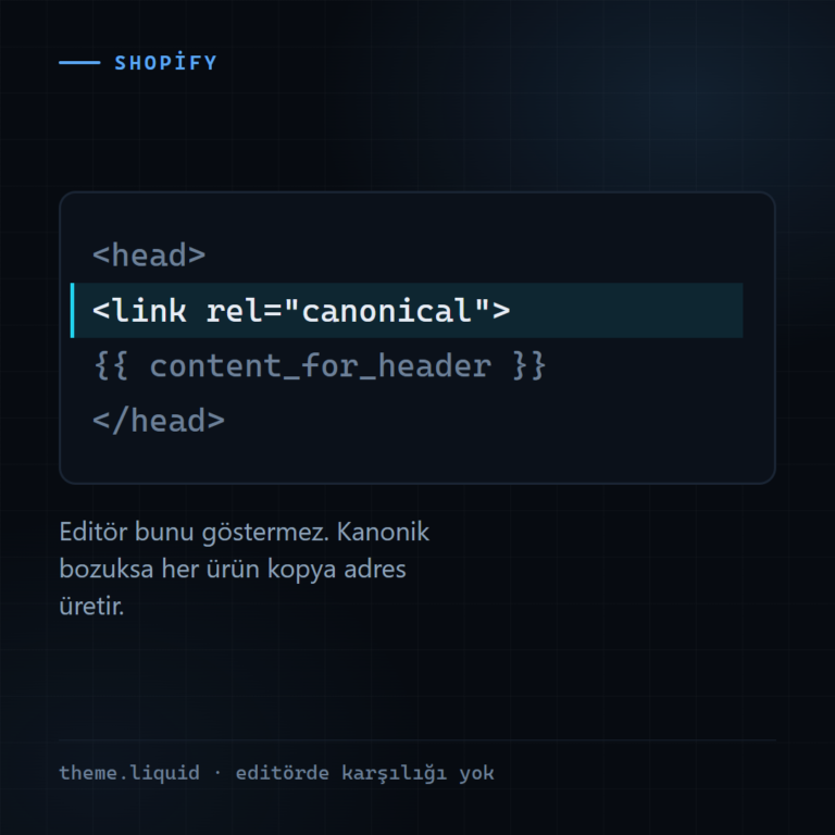 Shopify tema dosyasında kanonik etiketini basan satırın işaretlenmiş hâli