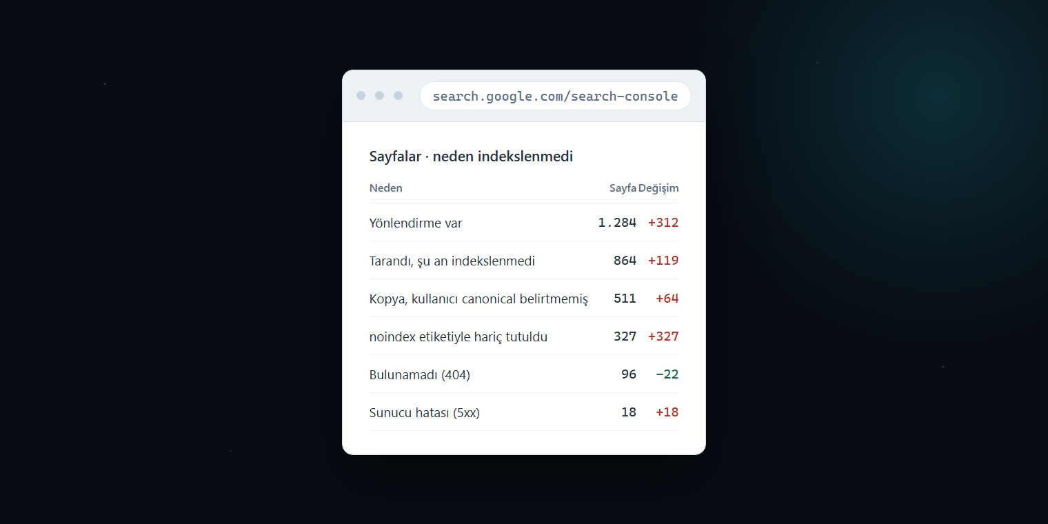 Search Console kapsam raporunda indekslenmeyen sayfa nedenlerinin listesi ve sayfa sayıları