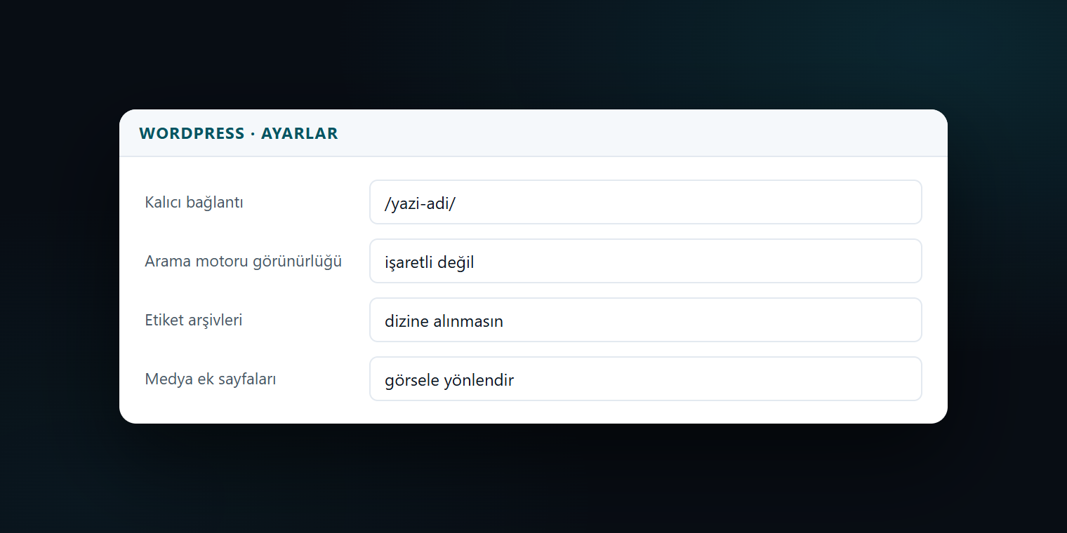 WordPress kalıcı bağlantı ayarları ekranında yazı adı seçeneğinin işaretli olması ve arşiv sayfalarının dizine alınmaya kapatılmış hâli