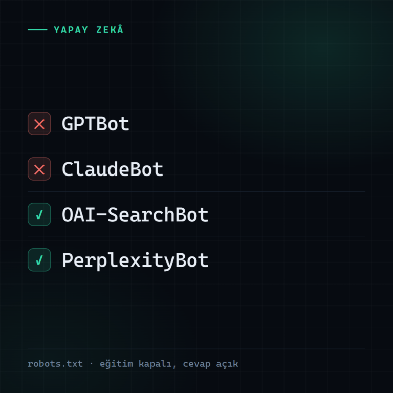 robots.txt dosyasında GPTBot ve ClaudeBot kapalı, OAI-SearchBot ve PerplexityBot açık bırakılmış bir kural seti
